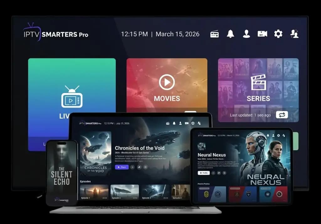 Atlas Pro affiché sur une Smart TV, un ordinateur portable, une tablette et un smartphone